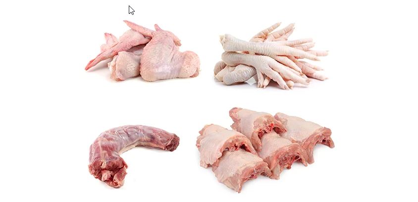 morceaux divers de poulet, cuisse, dos cous et pattes
